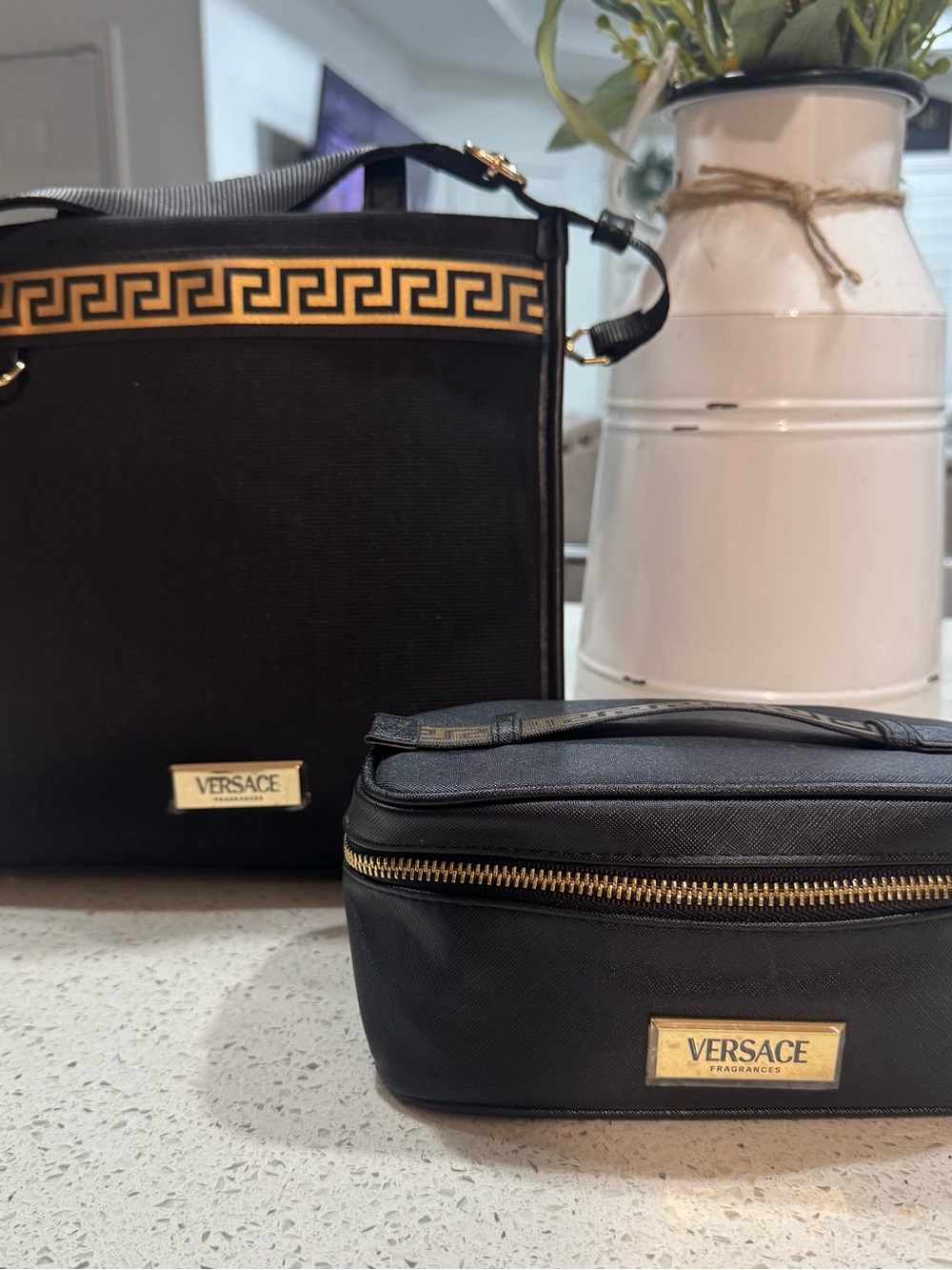 Versace Fragrances Black Greek Key Tote & Matching Bag Set